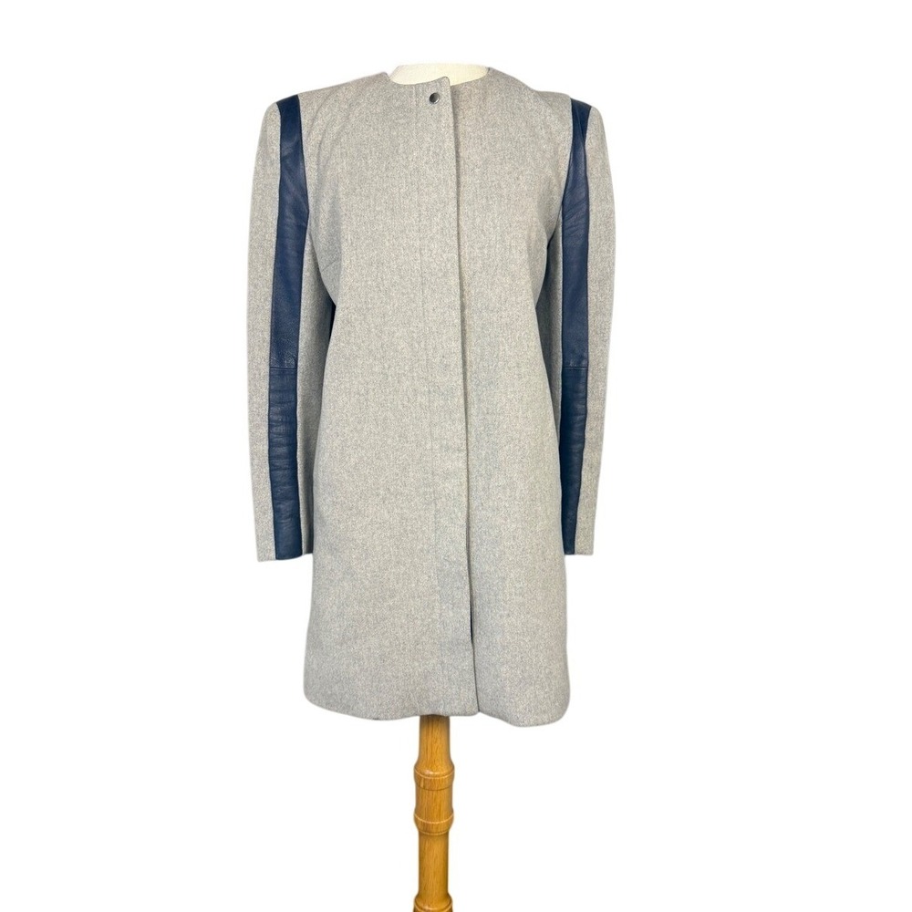 Sophie Hulme‎ Grey Wool Coat Navy Leather Trim Sleeve Made in England Womens S